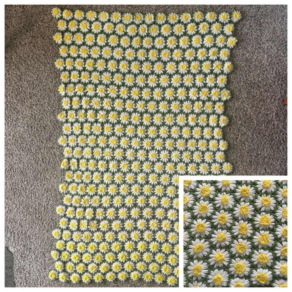 Vtg Daisy 3D Crochet Afghan Throw Coverlet Kitschy Grannycore Handmade 69x50"